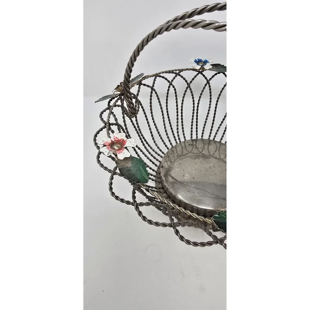 Vtg chrome metal wire fruit‎ bowl basket retro flower kitchen décor rustic